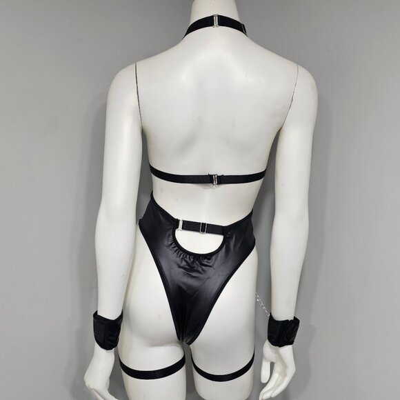 Vegan Leather Bodysuit with Chain and Harness - Picture 4 of 9